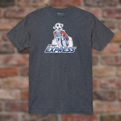 Detroit Express Soccer Heather Navy T-shirt flat lay on brick background