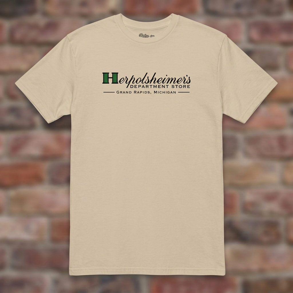 Herpolsheimer's Sand T-shirt flat lay on brick background