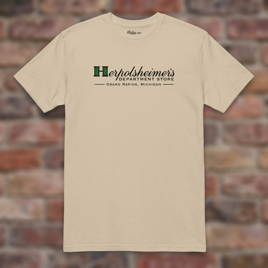 Herpolsheimer's Sand T-shirt flat lay on brick background
