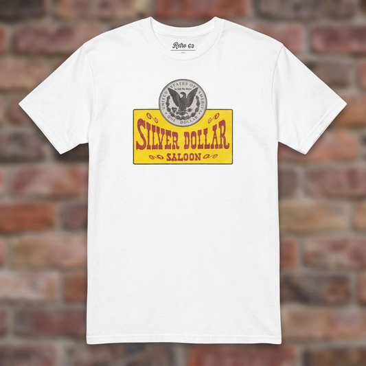 Silver Dollar Saloon White T-shirt flat lay on warm brick
