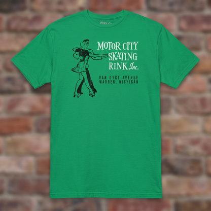Motor City Skating Rink Irish Green T-shirt flat lay on brick background