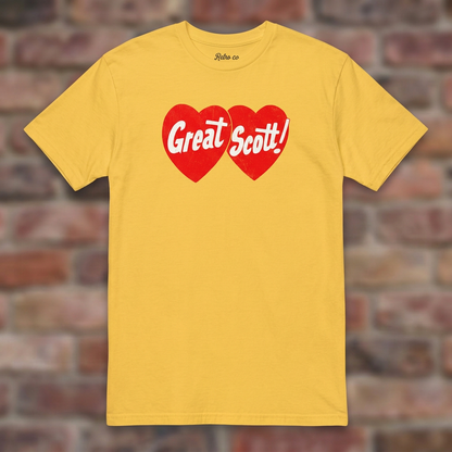 Great Scott Daisy T-shirt flat lay on brick background