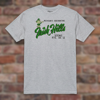Irish Hills Michigan Sport Grey T-shirt flat lay on brick background