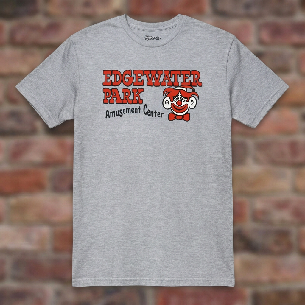 Edgewater Park Sport Grey T-shirt flat lay on brick background
