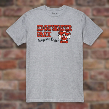 Edgewater Park Sport Grey T-shirt flat lay on brick background