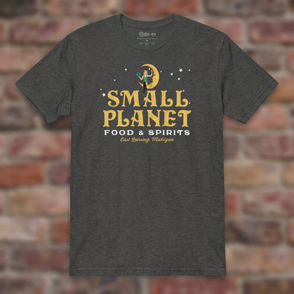 Small Planet East Lansing T-shirt in Dark Heather Grey on weathered brick background