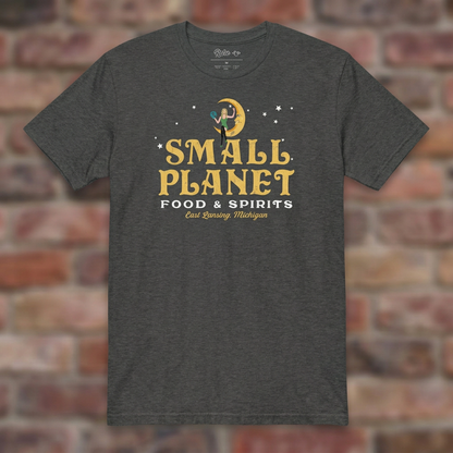 Small Planet East Lansing T-shirt in Dark Heather Grey on weathered brick background