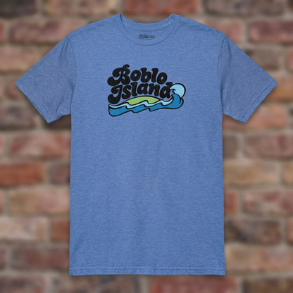 Heather Royal Boblo Island T-shirt flat lay on warm brick