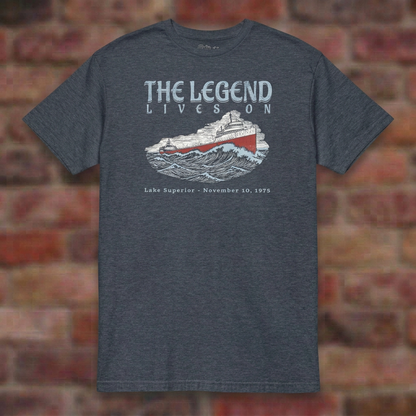 Heather Navy Edmund Fitzgerald T-shirt flat lay on soft brick background, Lake Superior November 10, 1975
