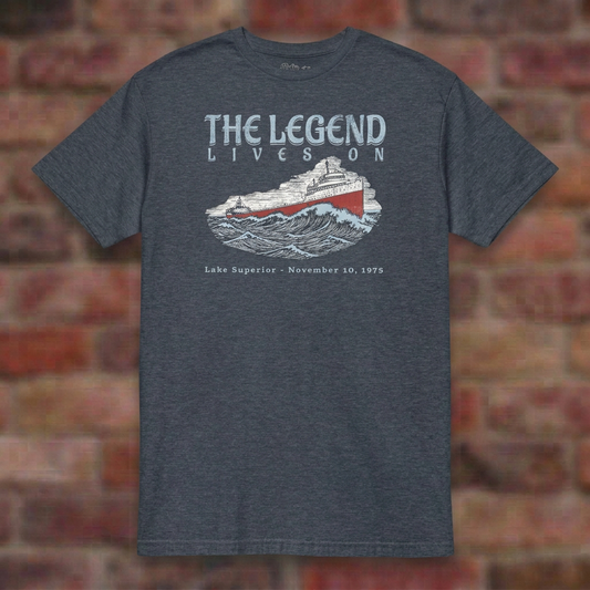 Heather Navy Edmund Fitzgerald T-shirt flat lay on soft brick background, Lake Superior November 10, 1975