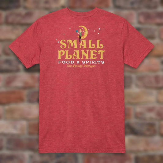 Small Planet East Lansing T-shirt in Heather Red on weathered brick background