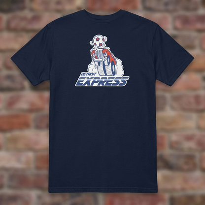 Detroit Express Soccer Navy T-shirt flat lay on brick background