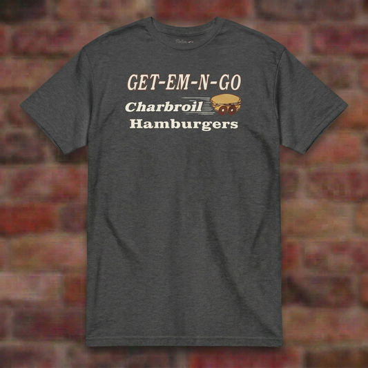 Get-Em-N-Go Dark Heather Grey T-shirt flat lay on brick background