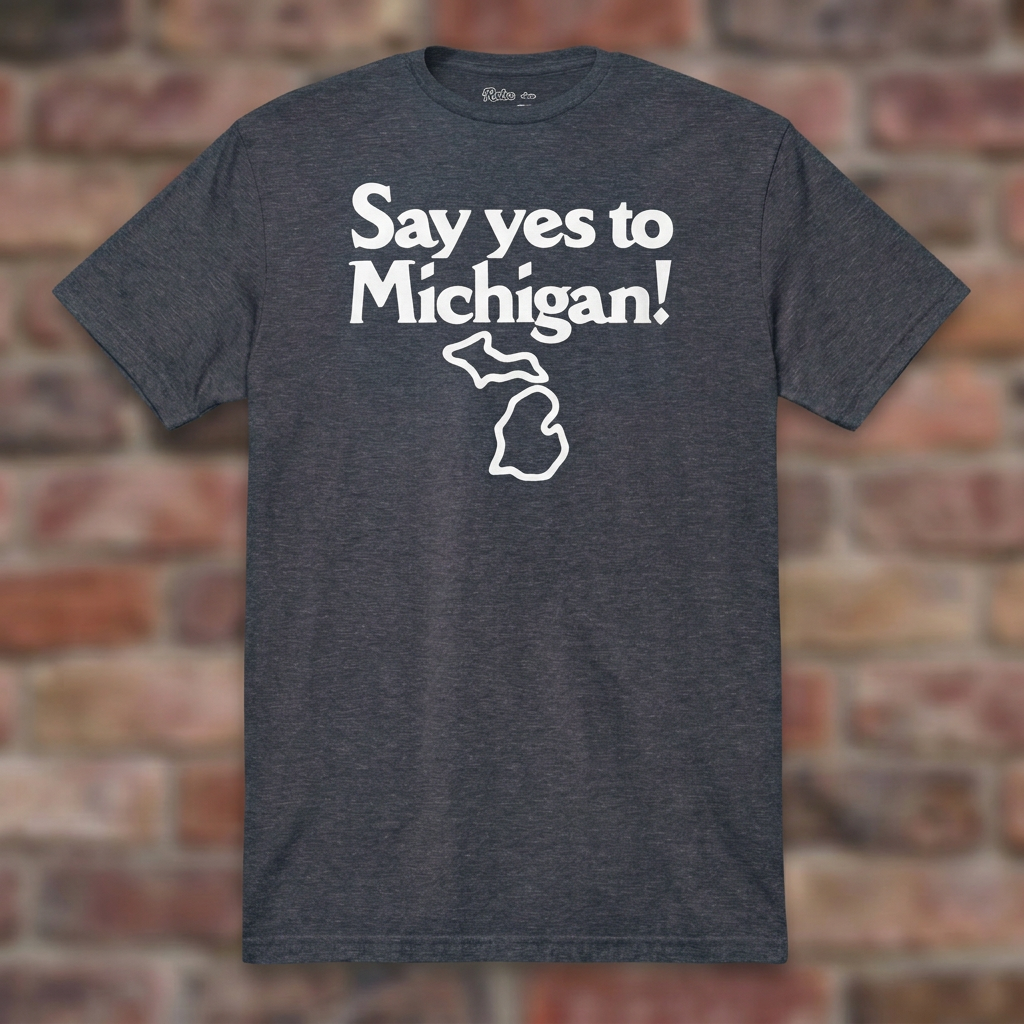 Say yes to Michigan Heather Navy T-shirt flat lay on brick background