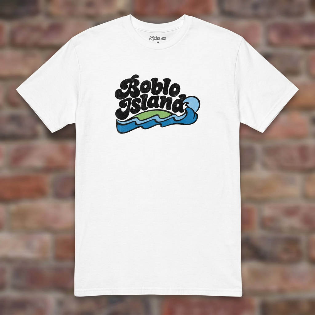 White Boblo Island T-shirt flat lay on warm brick