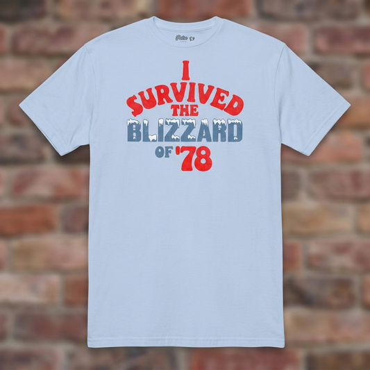 I Survived the Blizzard of '78 Light Blue T-shirt flat lay on brick background
