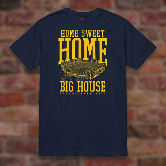 Home Sweet Home The Big House Navy T-shirt flat lay on brick background