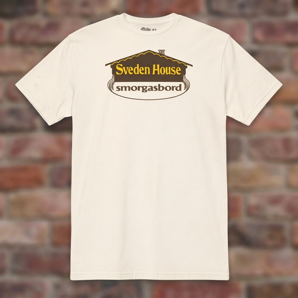 Sveden House Logo Natural T-shirt flat lay on brick background