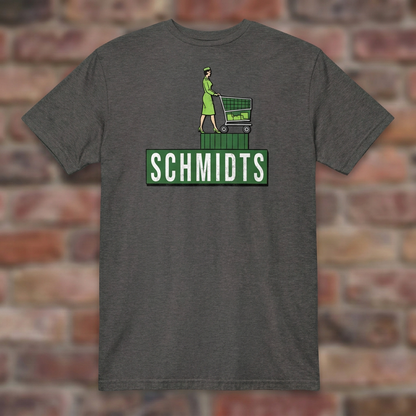 Schmidts Dark Heather Grey T-shirt flat lay on brick background