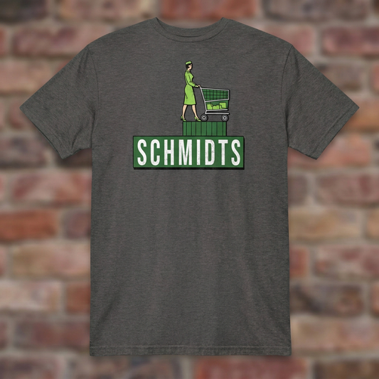 Schmidts Dark Heather Grey T-shirt flat lay on brick background