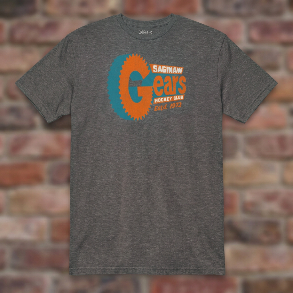 Saginaw Gears Graphite Heather T-shirt flat lay on warm brick