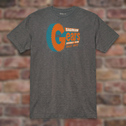 Saginaw Gears Graphite Heather T-shirt flat lay on warm brick