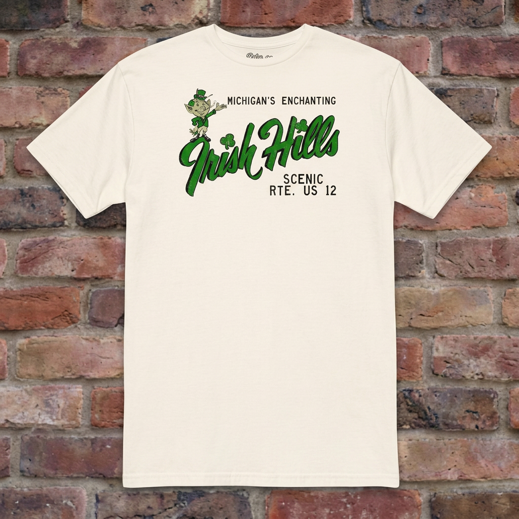 Irish Hills Michigan Natural T-shirt flat lay on brick background