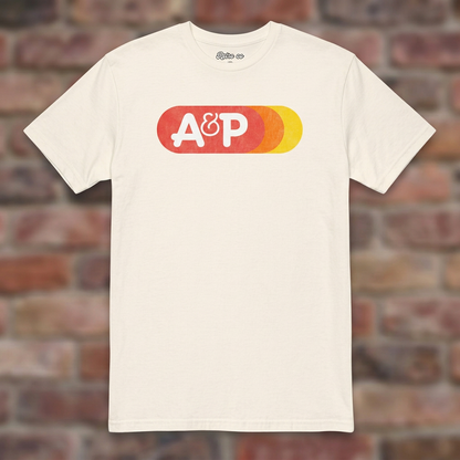 A&P Natural T-shirt flat lay on brick background