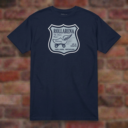 Rollarena Navy T-shirt flat lay on brick background