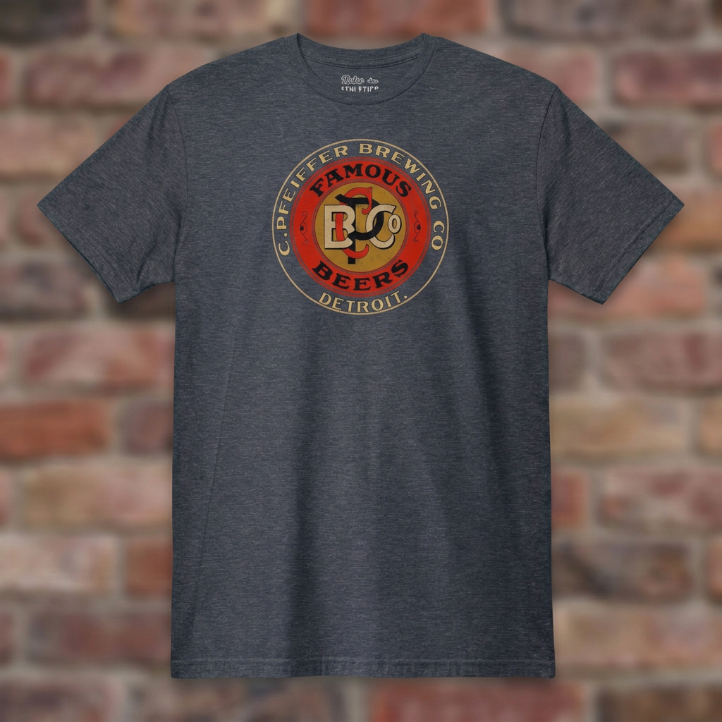 Pfeiffer Brewing Co. Detroit Heather Navy T-shirt flat lay on brick background
