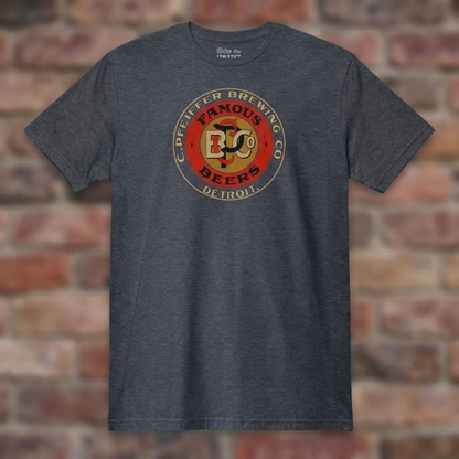 Pfeiffer Brewing Co. Detroit Heather Navy T-shirt flat lay on brick background