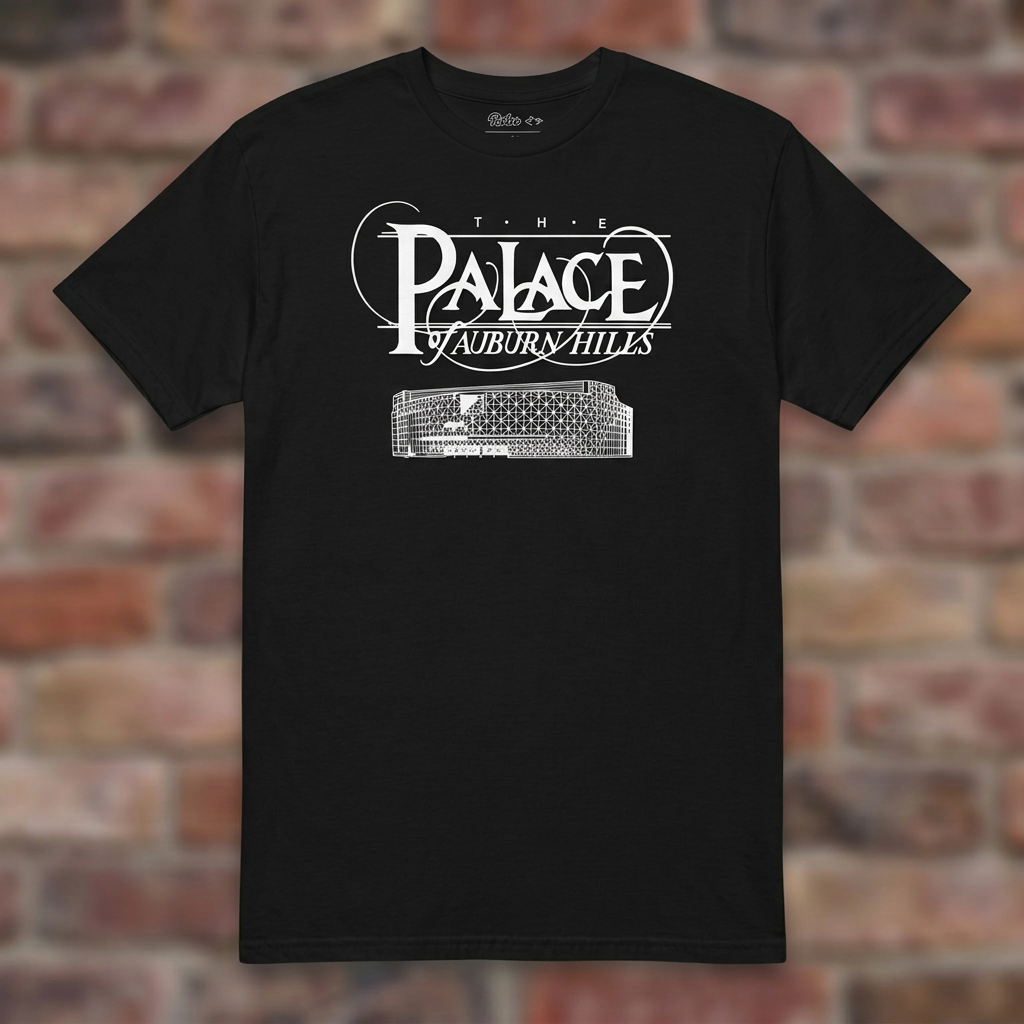 Black Palace of Auburn Hills T-shirt flat lay on warm brick