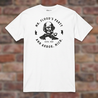 Mr. Flood's Party White T-shirt flat lay on warm brick