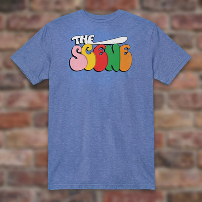 The Scene Detroit Heather Royal T-shirt flat lay on brick background