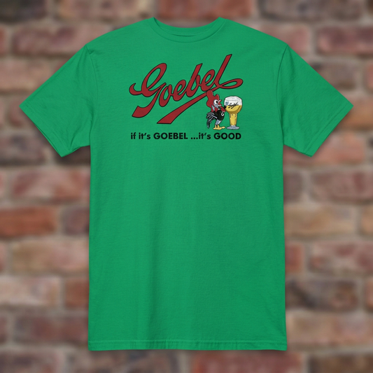 Irish Green Goebel T-shirt flat lay on warm brick background