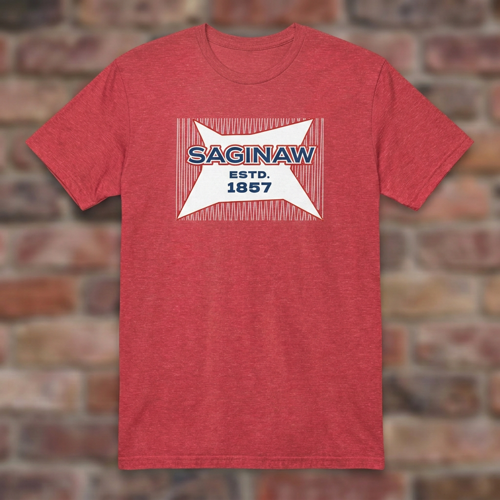 Saginaw Bread Bag Heather Red T-shirt flat lay on brick background