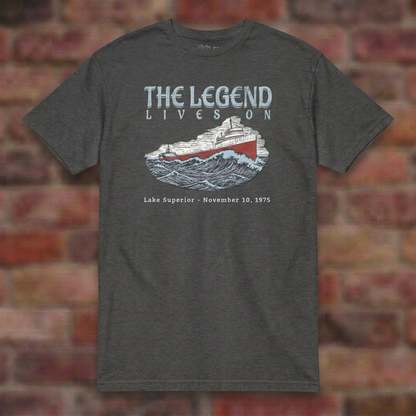 Dark Heather Grey Edmund Fitzgerald T-shirt flat lay on brick background, November 10, 1975