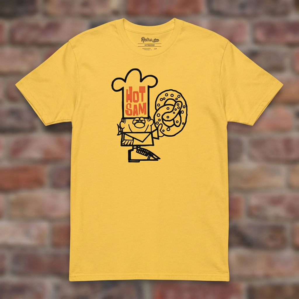 Hot Sam Pretzels T-shirt in Daisy, flat lay on warm brick background