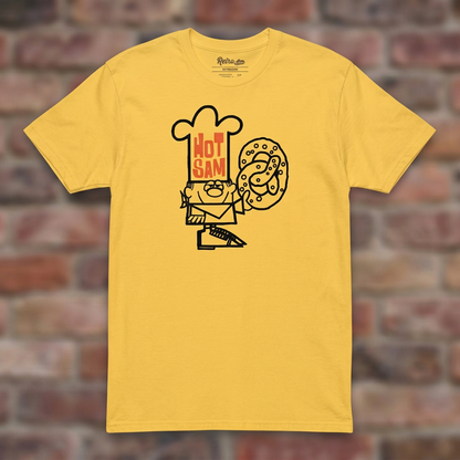 Hot Sam Pretzels T-shirt in Daisy, flat lay on warm brick background