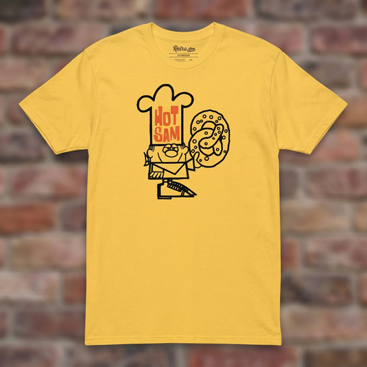 Hot Sam Pretzels T-shirt in Daisy, flat lay on warm brick background