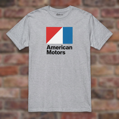 American Motors Sport Grey T-shirt flat lay on brick background