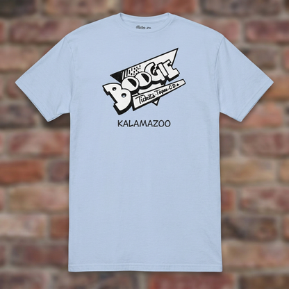 Boogie Records Light Blue T-shirt flat lay on brick background