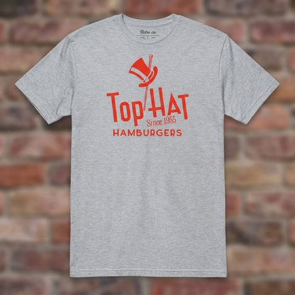 Top Hat Hamburgers Sport Grey T-shirt flat lay on brick background
