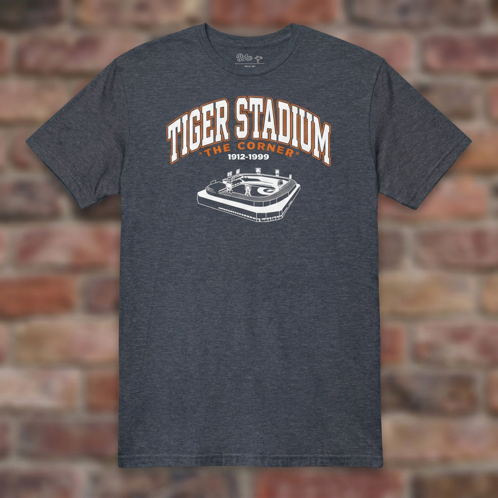 Heather Navy Tiger Stadium 1912-1999 T-shirt flat-lay against weathered brick