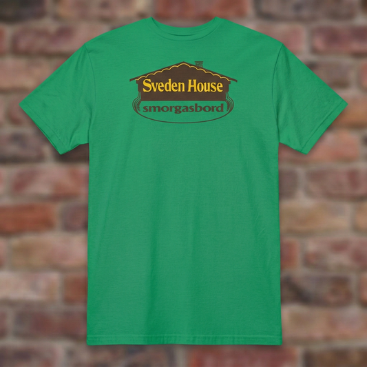 Sveden House Logo Irish Green T-shirt flat lay on brick background