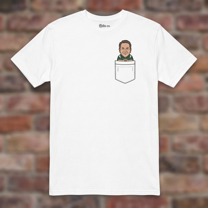 Little Izzo in Your Pocket White T-shirt flat lay on brick background