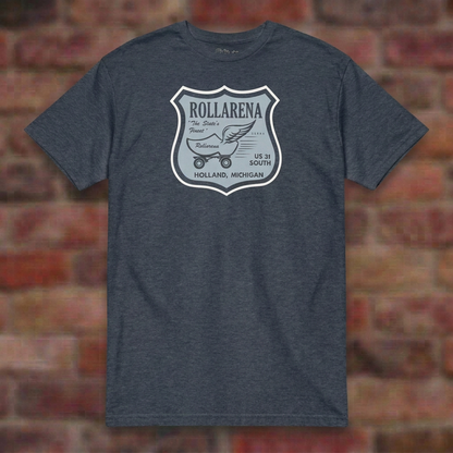 Rollarena Heather Navy T-shirt flat lay on brick background