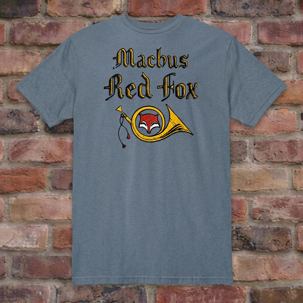 Machus Red Fox Heather Indigo T-shirt flat lay on warm brick