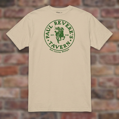 Paul Revere's Tavern Sand T-shirt flat lay on warm brick