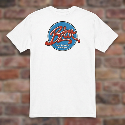 B'Zar Nightclub White T-shirt flat lay on brick background